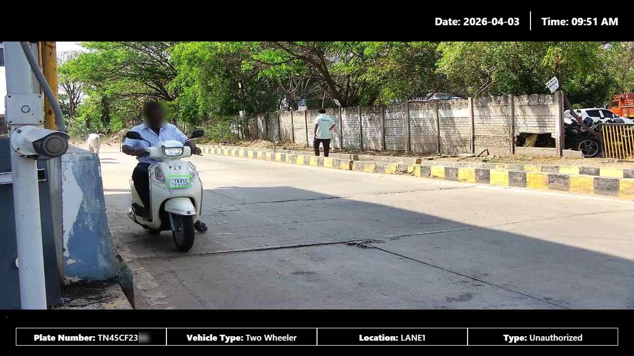 Two-wheeler Lane ANPR evidence with plate and lane metadata