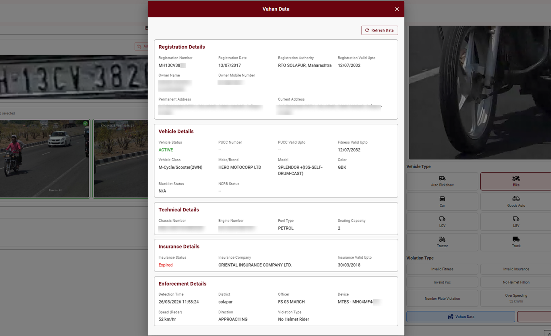 Document violations via Vahan data check