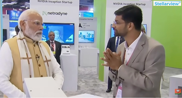 Prime Minister Narendra Modi with a Stellarview team member showcasing the Recon Edge Gen AI ITS camera at the summit